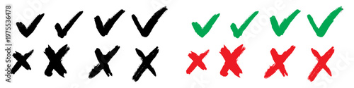 Grunge check mark and cross symbols vector illustration. YES and NO signs. brush strokes cross. Editable stroke. 