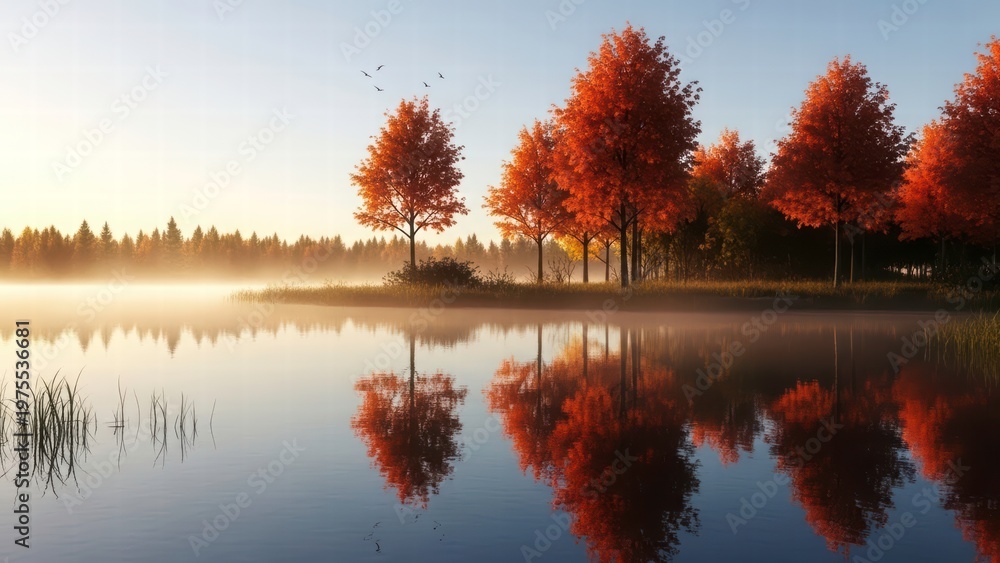 Obraz premium Autumn Reflection: A serene vista of trees ablaze with autumn hues is mirrored in the calm waters of a lake, with fog drifting gently. Capturing the beauty of the season.