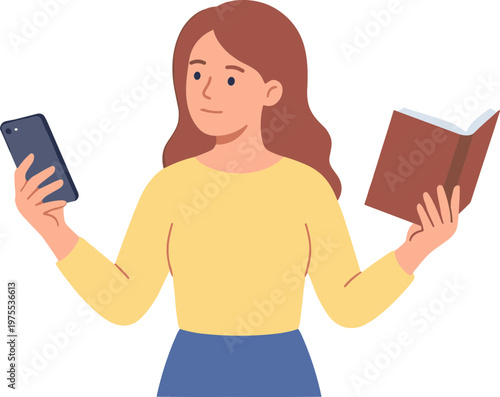 Woman holds book and smartphone in modern office space with technology