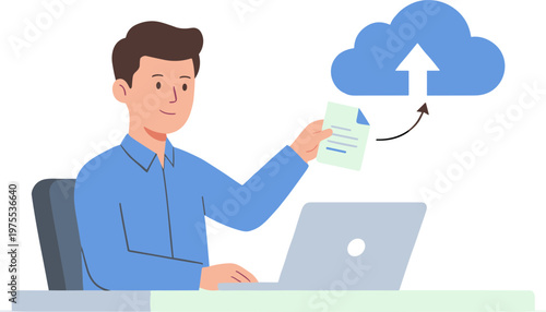 Man uploads document from laptop to cloud storage service