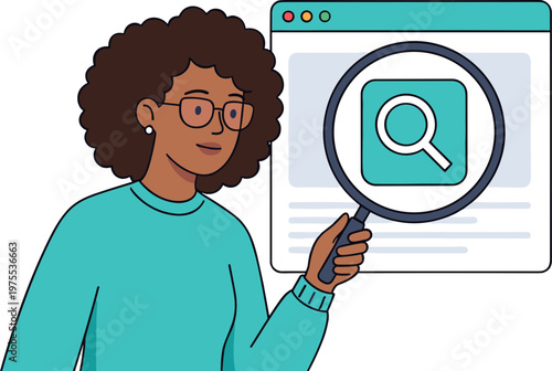 A woman examines a browser window with a magnifying glass searching