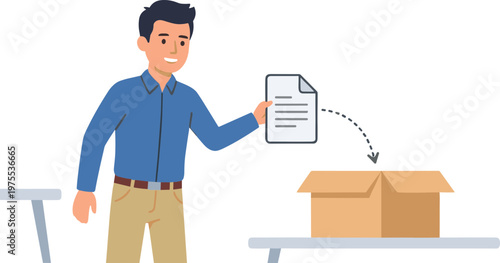 Man putting document into cardboard box on table indoors