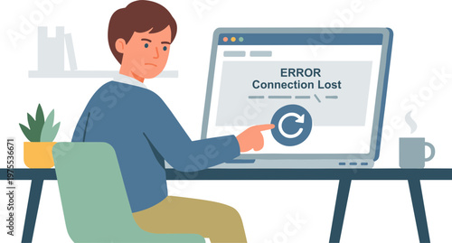 Man sitting at desk experiencing error on computer screen indoors