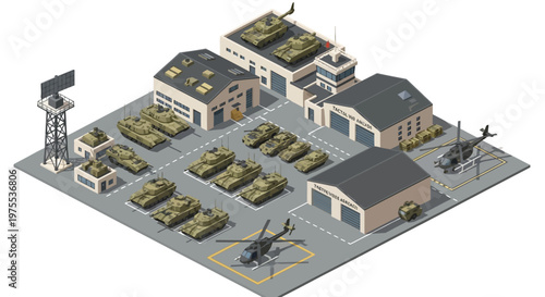 Isometric vector illustration showing a military base design, complete with tanks, helicopters, and various buildings, set against a clean white background and rendered with a simple