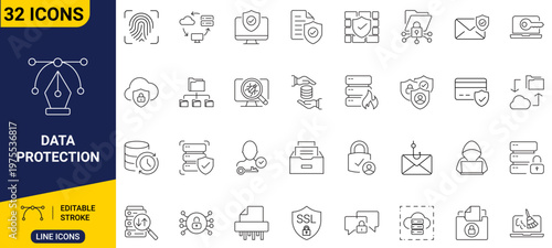 Comprehensive Line Icon Set for Digital Data Protection and Cybersecurity - Essential Symbols for Online Privacy and Network Security Concepts