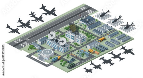 Isometric vector illustration showing a detailed, three-dimensional military base design with various aircraft and transport vehicles arranged on the ground, rendered with a clean, modern