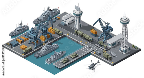 Isometric vector design shows a military base with various naval transport vehicles and cargo containers arranged neatly on the docks, presented with bright colors and a detailed, schematic
