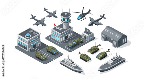 A detailed isometric vector illustration depicts a military base with various buildings, including a control tower and hangars, alongside an array of transport vehicles such as tanks