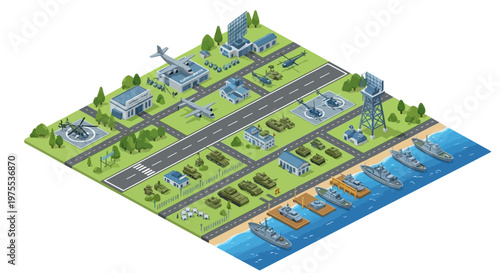 Isometric illustration of a detailed military base showing various buildings, aircraft, and vehicles arranged on a green landscape near the coast, rendered in a bright, cartoonish style