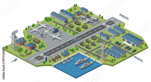 Isometric vector illustration showing a detailed military base design with various airplanes, tanks, and ships positioned around the runway and harbor, presented with a clean, bright visual