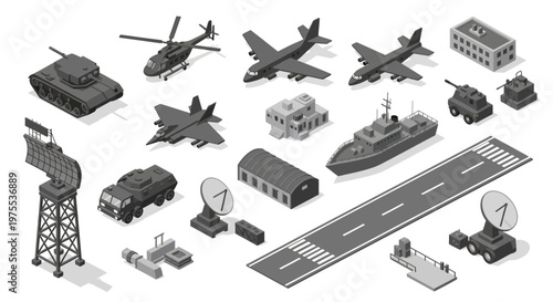 Isometric vector illustration showing assorted military transport and base elements, designed in 3D with a neutral color palette, arranged on a white background to represent a strategic