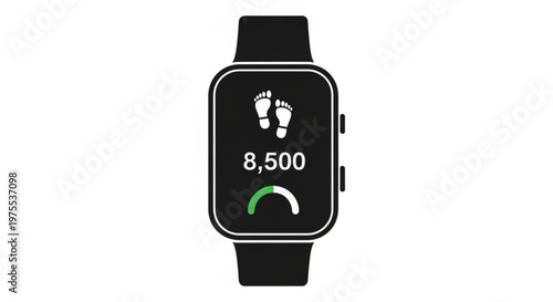 A modern smartwatch displaying a fitness tracker interface with footprints and step count on a sleek black and white design