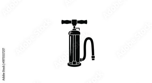 A simple black silhouette depicts a classic bicycle tire pump against a white background high quality