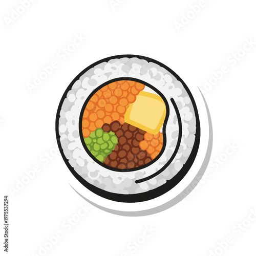 Top-view vector illustration of a sushi maki roll sticker featuring white rice, black nori, orange fish roe, yellow tamago egg, and mixed fillings, isolated on white background.