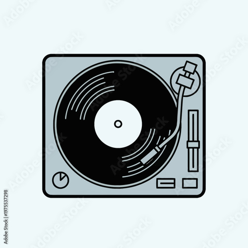 Minimalist vector illustration of a vintage vinyl record player turntable seen from above, featuring a black platter, tonearm, stylus, and pitch control fader on a light gray base.