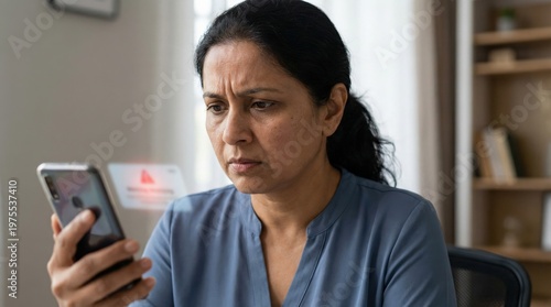 Free Download South Asian middle aged woman checking suspicious smishing text - GFXLoad