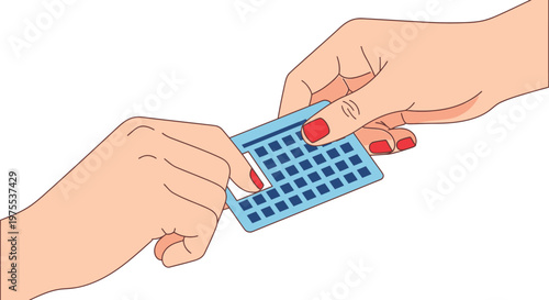 Two hands exchange a small blue grid object, possibly a credit card or access pass, against a white background.