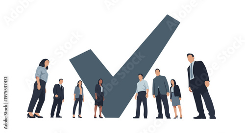 A diverse group of business professionals stands confidently around a prominent, large checkmark symbol, embodying concepts of successful achievement, agreement, and validation within a corporate
