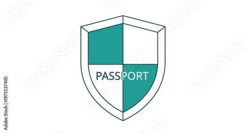 This contemporary graphic icon features a shield divided into teal and white sections, clearly indicating 'PASSPORT' for secure identity, travel, and digital authentication.