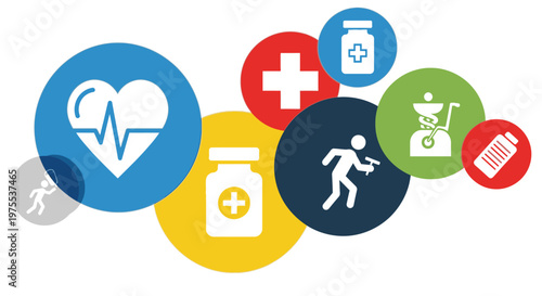 A vibrant collection of overlapping circular icons illustrates the diverse facets of modern healthcare, encompassing medicine, fitness, and overall well-being services.