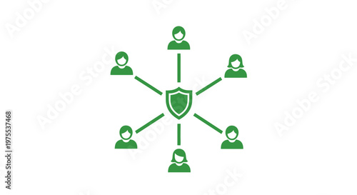 A central green shield icon protects a network of six interconnected user profiles, symbolizing robust digital security, community safety, and data privacy.