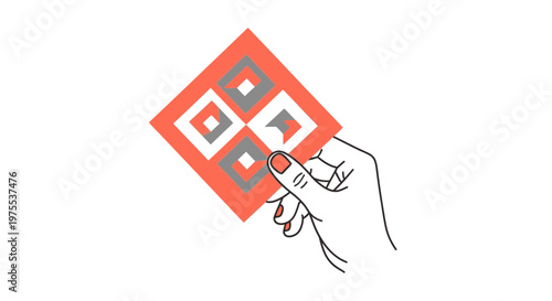 A hand holds a vibrant coral and gray geometric patterned square, resembling a modern QR code or digital design element, against a clean white background.