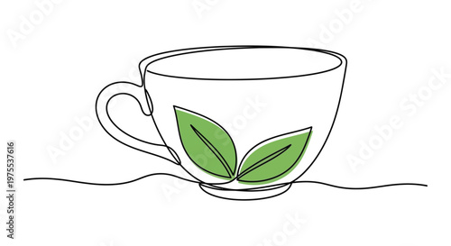 Elegant single continuous line vector drawing of a ceramic teacup decorated with two fresh green leaves