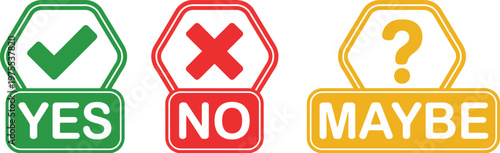 Check cross and question mark icon signs with yes no maybe labels, minimal vector template design featuring tick correct symbol wrong cross and query icons for user interface and survey graphics.