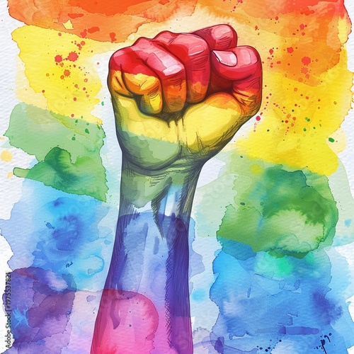 Watercolor Rainbow Pride Raised Fist for LGBTQ Awareness
