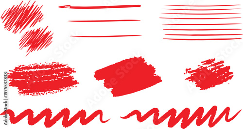 A set of textured red ink brush strokes, sketchy scribbles, and wavy lines. These hand-drawn elements are perfect for adding an organic, vibrant grunge feel to modern graphic designs.