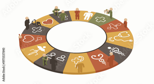 This conceptual circular diagram, featuring various human figures and symbolic icons, visually represents the intricate network of health, social services, and community well-being.