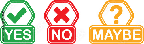 Check cross and question mark icon sign set, yes no maybe symbol labels template, clean vector design with tick mark wrong cross and question icons for decision making and infographics.