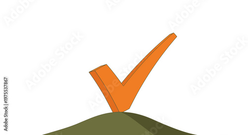A vibrant orange three-dimensional checkmark symbol stands prominently on a small green hill, signifying success, completion, and positive affirmation.