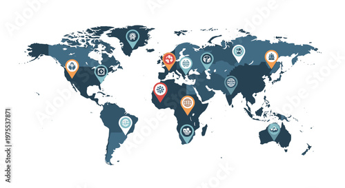 Global network of interconnected locations marked with diverse icons representing business and travel opportunities.