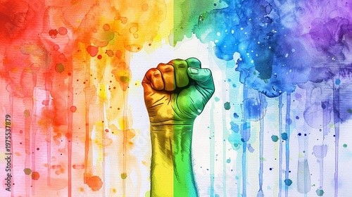 Watercolor Rainbow Pride Raised Fist for LGBTQ Awareness