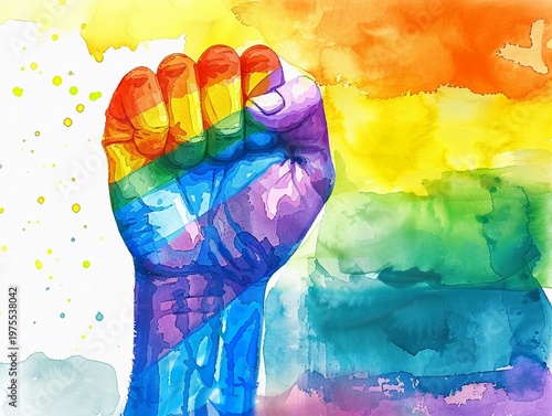Watercolor Rainbow Pride Raised Fist for LGBTQ Awareness