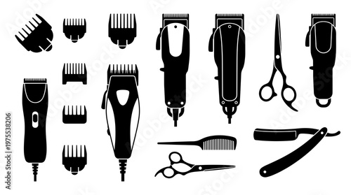 Professional barber hair clippers vector silhouette set with scissors comb and razor for grooming salon and barbershop design