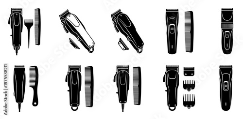 Barber salon equipment silhouette pack featuring electric hair clippers with comb and trimmer guards isolated vector illustration