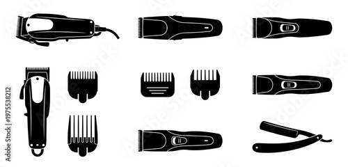 Electric hair clippers and trimmer attachments silhouette collection with straight razor barber shop grooming tools vector set