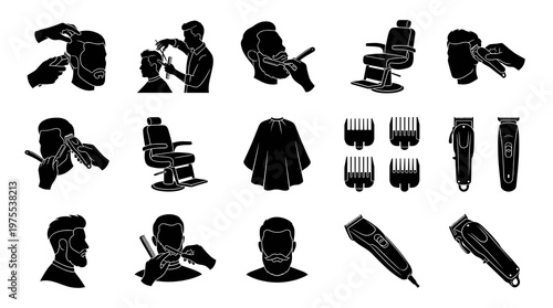 Professional barber shop silhouette set with hair clippers stylist cutting hair grooming chair and salon equipment vector design