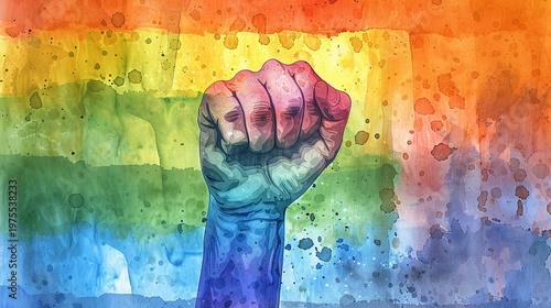 Watercolor Rainbow Pride Raised Fist for LGBTQ Awareness
