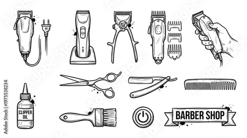 Hand drawn vintage barber shop tools collection with hair clippers scissors comb razor and oil outline vector illustration