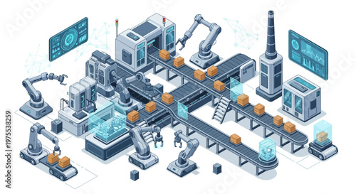 Isometric vector illustration showcases a futuristic robotic factory with automated assembly lines processing packages, complete with advanced technology displays and robotic arms, set