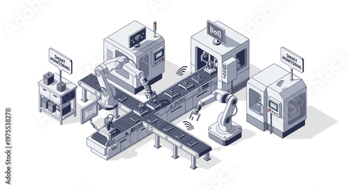 Isometric vector illustration of a modern industrial factory showcasing robotic arms working on a conveyor belt system, set against a clean white background, conveying a sleek, futuristic