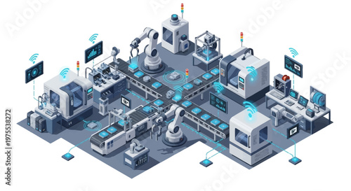Isometric vector illustration depicting an automated industrial factory with robotic arms and conveyor belts, rendered in 3D with a clean and modern style, conveying a sense