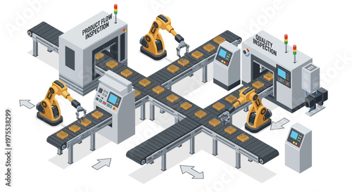 Isometric illustration depicting Industry 4.0 with robotic arms and a conveyor belt system for automated product flow inspection in a modern factory setting, rendered in a clean, 3D vector