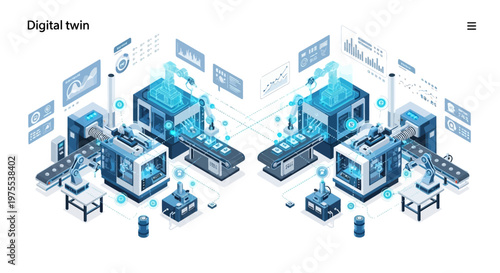 Isometric 3D illustration depicting industry 4.0 and robotic technology concepts, showcasing a digital twin of an industrial factory with vector elements and machinery, set against a clean