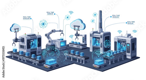 Isometric vector illustration depicting industry 4.0 with robotic arms assembling products in a technologically advanced factory, shown in a clean, 3D rendering style against a bright white