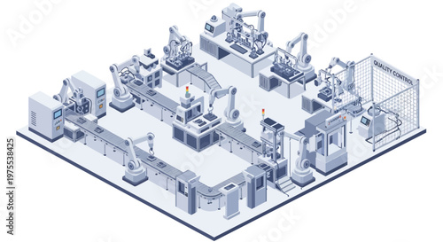 Isometric vector illustration depicts a 3D industrial factory setup, showcasing robotic arms and conveyor belts in an Industry 4.0 setting, rendered against a clean white background