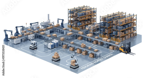 Isometric 3D vector illustration depicting a modern Industry 4.0 factory floor featuring robotic arms handling packages on a conveyor belt and automated vehicles moving stock, set